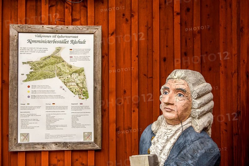 Wooden statue of botanist and founder of the binary nomenclature Carl von Linné with white hair and blue jacket in front of a wooden wall, Linnés Råshult, Älmhult, Kronobergs län, Småland, Sweden
