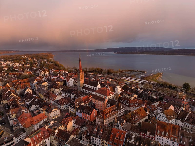 Aerial view of the town of Radolfzell on Lake Constance with the Radolfzell Minster at sunset, Konstanz district, Baden-Württemberg, Germany