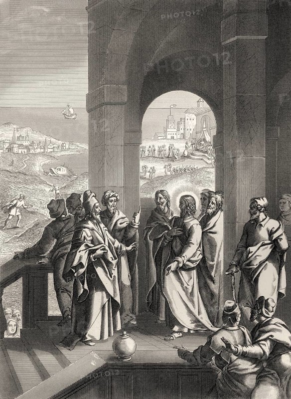 The Pharisees seeking a sign from Jesus, New Testament, steel engraving 1853, digitally restored