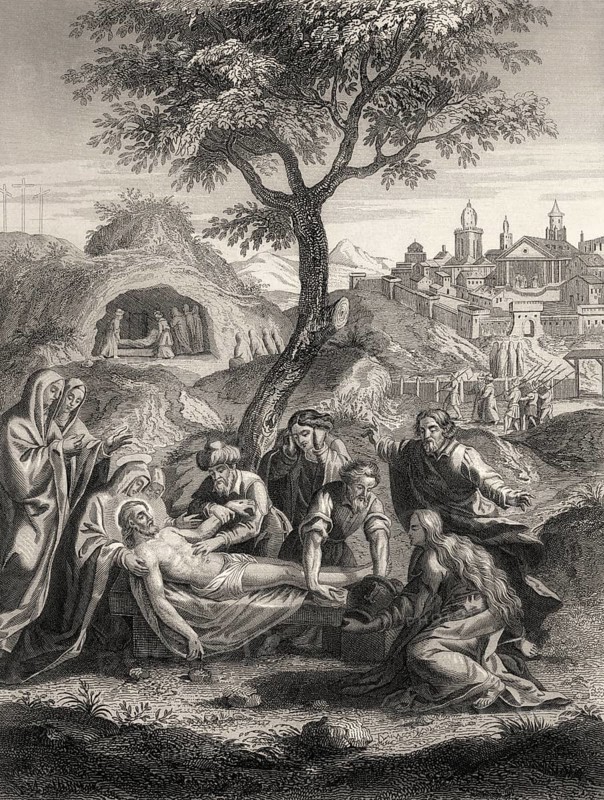 The Burial of Jesus, New Testament, steel engraving 1853, digitally restored
