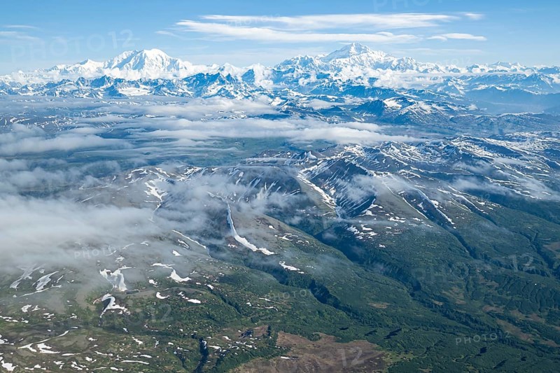 Mt Foraker and Mt Denali or Mount McKinley, aerial view, Alaska Range, Denali National Park, Alaska, USA