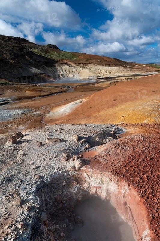 Mud pots, solfataras, coloured mineral deposits, Seltún geothermal area near Krýsuvík or Krísuvík, Reykjanes Peninsula, Iceland