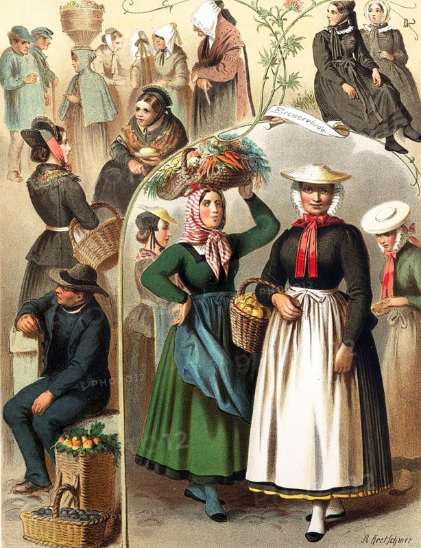 Traditional costumes in Germany around 1820, Province of Hanover, surroundings of Bremen and Hamburg, woman in traditional dresses with baskets at the market, others chatting in the background, digitally retouched reproduction of a model from ca. 1850, by Albert Kretschmer (27 February 1825, 11 July 1891), German painter and traditional costume expert