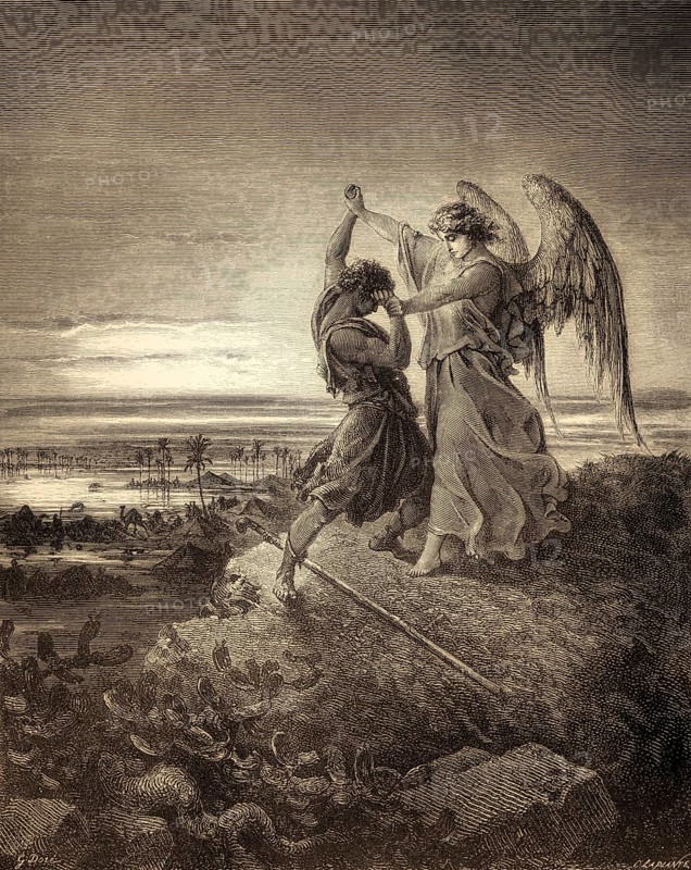 Jacob Wrestles with the Angel, woodcut by Gustave Doré