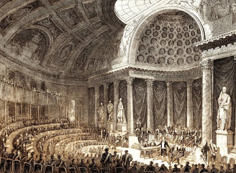 Chamber of Peers, Chambre des Pairs, Paris, antique steel engraved print, 1831