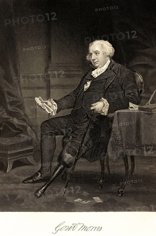 Gouveneur Morris (1752-1816) politician and diplomat, member of the Continental Congress, portrait of famous Americans, collaboration on the Constitution of the United States, room, table, armchair, sitting, book, walking stick, wooden leg, injury, USA, signature, artist Alonzo Chappel, steel engraving, historical illustration 1862