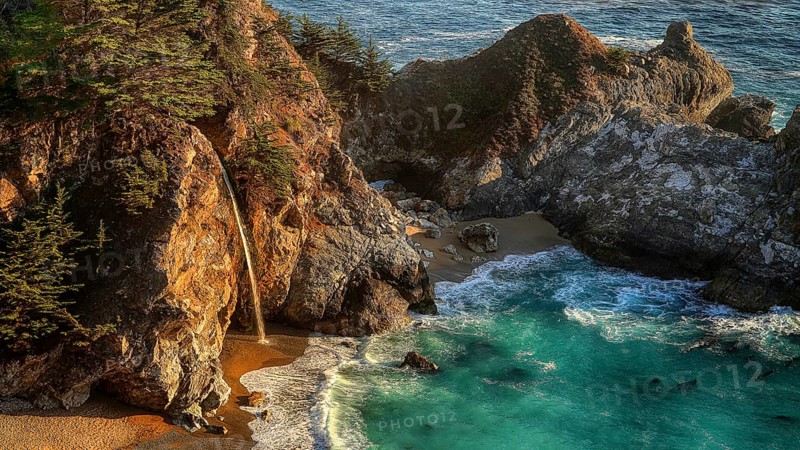 Julia Pfeiffer Burns State, waterfall, rocks, Atlantic Ocean, coast, California, North America, USA, California, USA