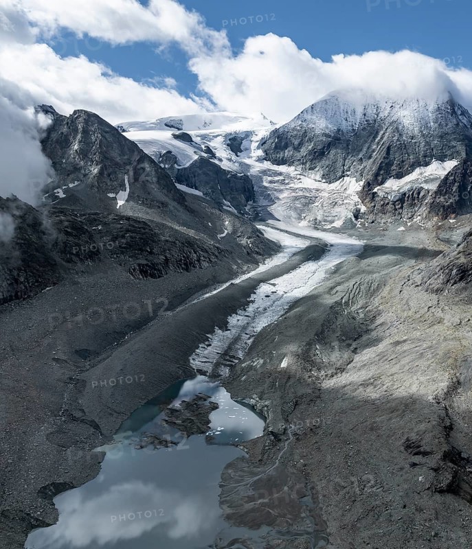 Aerial view, mountain landscape with glacier tongue Glacier de Cheilon and summit Mont Blanc de Cheilon, Valais, Western Alps, Switzerland