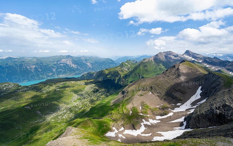 View from the summit of Faulhorn, mountain landscape and Lake Brienz, Bernese Alps, Bernese Oberland, Switzerland