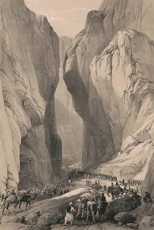 Entrance of the Bolan Pass from Dadur, Toba Kakar range, Balochistan, Pakistan, First Anglo-Afghan War, sketch by James Atkinson, 1840