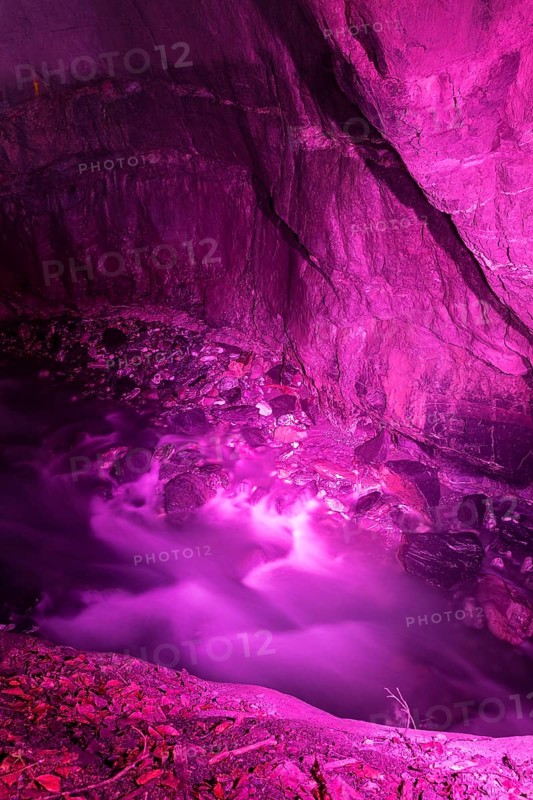 The Tamina Gorge and the Tamina River illuminated in colour at night, Altes Bad Pfäfers, St. Gallen, Switzerland