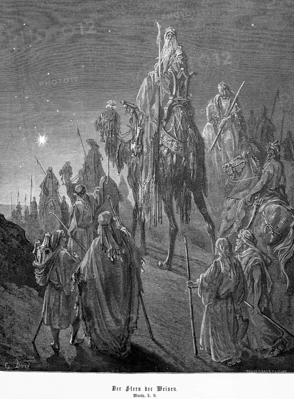 The star of the wise men, Matthew, chapter 2, verse 9, king Herod, astrologist, starry sky, star, Arab, magnificently decorated camel, rider, horse, migration, Bethlehem, birth of Jesus, Christian religion, Bible, New Testament, steel engraving Doré, historical illustration 1885