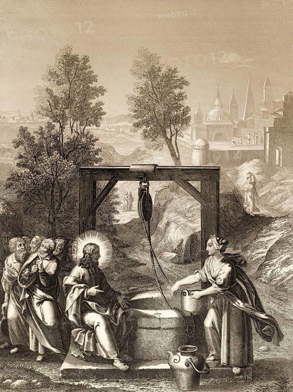 Jesus talks with a Samaritan woman, New Testament, Steel engraving 1853, digitally restored