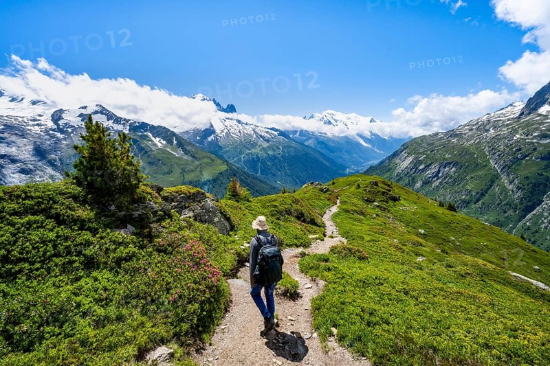 Mountaineers on hiking trail, mountain panorama with glaciated mountain peaks, Aiguille du Midi and Mont Blanc, hiking to Aiguillette des Posettes, Chamonix, Haute-Savoie, France