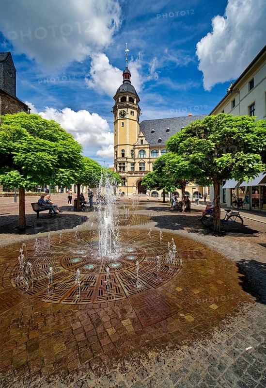 Trick fountains and town hall on the market square, Köthen, Saxony-Anhalt, Germany