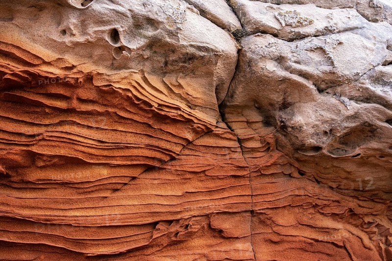 A close-up of sandstone textures revealing intricate layers and natural formations. The earthy tones and unique patterns highlight the beauty of geological art
