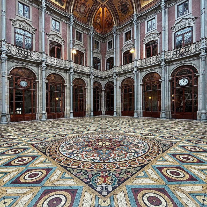 Floor mosaic in the courtyard, Palácio da Bolsa, neoclassical style stock exchange, magnificent building, UNESCO World Heritage Site, Porto, Portugal