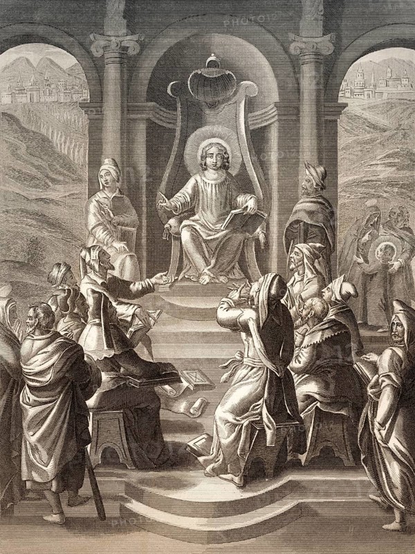 Jesus with the scholars in the Temple, Steel engraving 1853, digitally restored