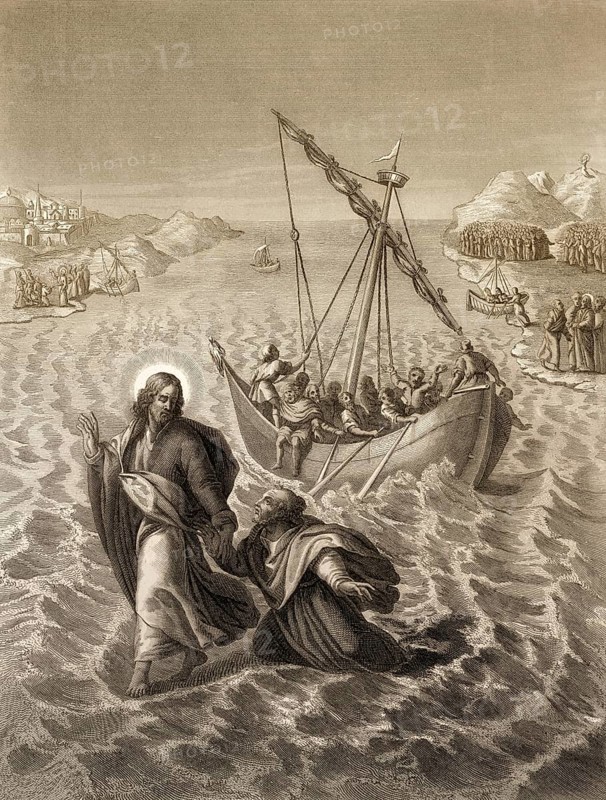 Jesus walking on the water, New Testament, steel engraving 1853, digitally restored