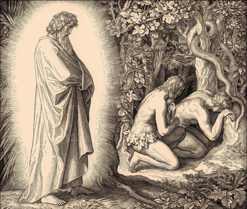 Confrontation, fall of man, by Julius Schnorr von Carolsfeld, 1860