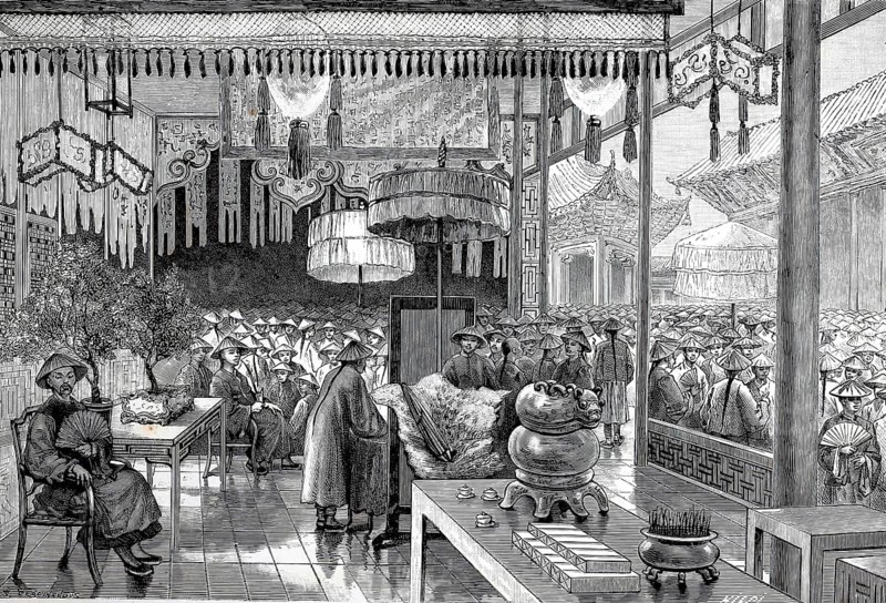 Worship service in the Fu-miao temple at Han-tschung-fu, Hanzhong, 1896, China, Historical descriptions indicate that the ceremonies were often dedicated to the Nephrite Lord (Jade Emperor) or local tutelary deities. The above image probably depicts an official Confucian or state-sanctioned religious ceremony of the late imperial period, illustration, reproduction from a 19th century model. Authentic, file restored for optimal use, exact date of original unknown, Historical, Traditional Asian market scene with numerous people in a detailed interior