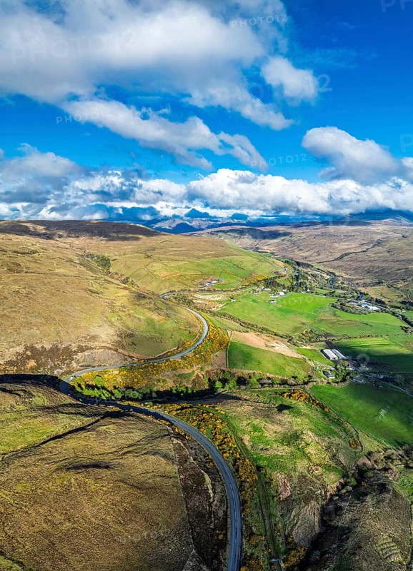 Panorama of Farms and Moors over Loch Harport from a drone, Drynoch, Isle of Skye, Highlands, Scotland, United Kingdom