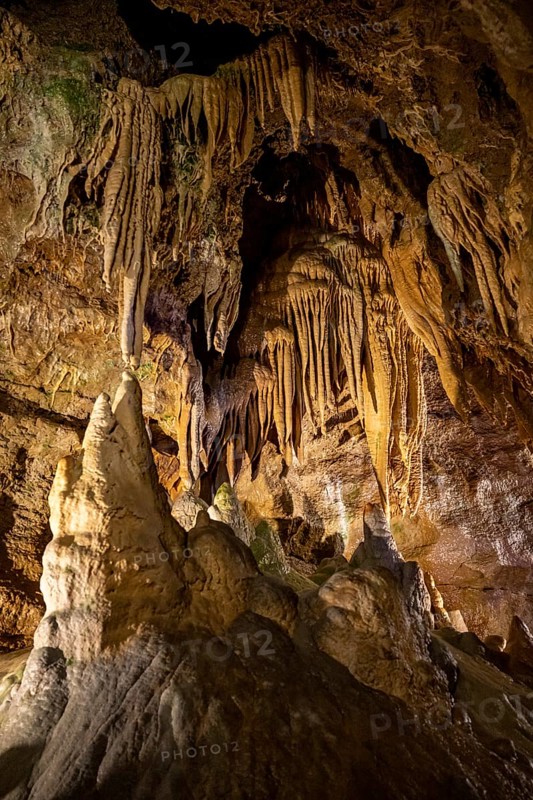 Stalagmites and stalactites in a cave, Devil's Cave Pottenstein, Franconian Switzerland, Franconia, Bavaria, Germany