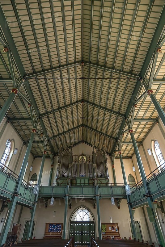 Interior with organ loft of the neo-Gothic church, built around 1860, Köndringen, Baden-Württemberg, Germany