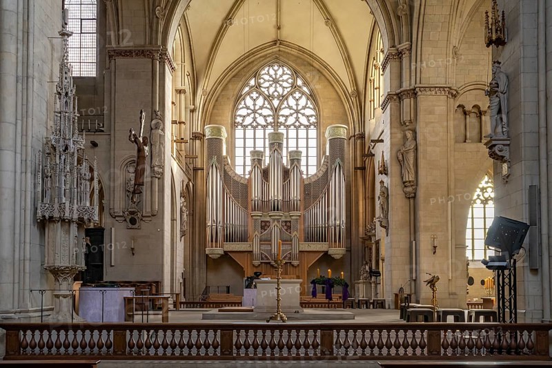 Organ in the interior of St. Paulus Cathedral in Münster, North Rhine-Westphalia, Germany