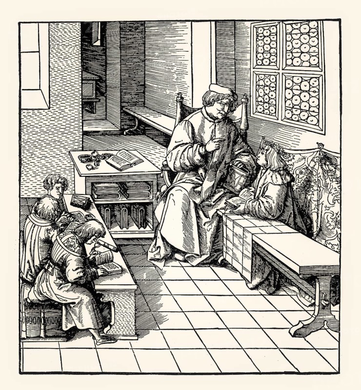Emperor Maximilian I as a schoolchild, Der Weisskunig, Leonhard Beck, 1515, digitally restored