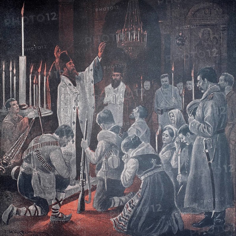 1st World War, Blessing of Bulgarian volunteers (original pictorial text from 1915, original colouring), Illustration, Reproduction from a 19th century original. Authentic, file restored for optimal use, exact date of original unknown, Historical, In a church a group of armed people prays while candlelight illuminates the scene
