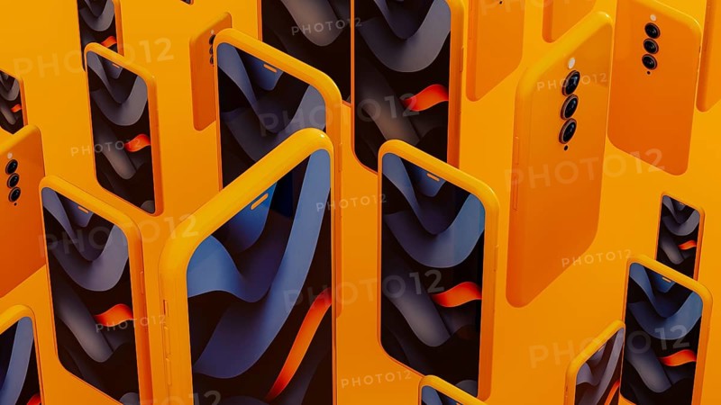 Many yellow frame smartphone exist with blue abstract art displayed on the screen. This creates a modern mobile background. 3D effect
