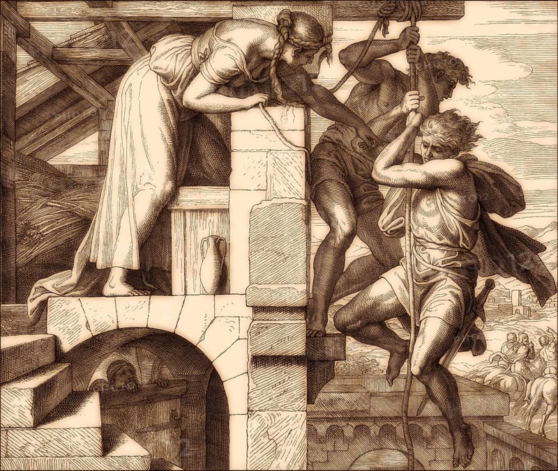 Rahab lets the spies escape, Old Testament, by Julius Schnorr von Carolsfeld, 1860