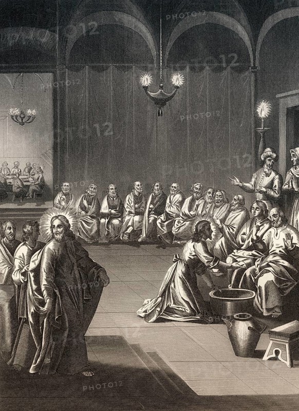 Jesus Washes the Disciples' Feet, New Testament, steel engraving 1853, digitally restored