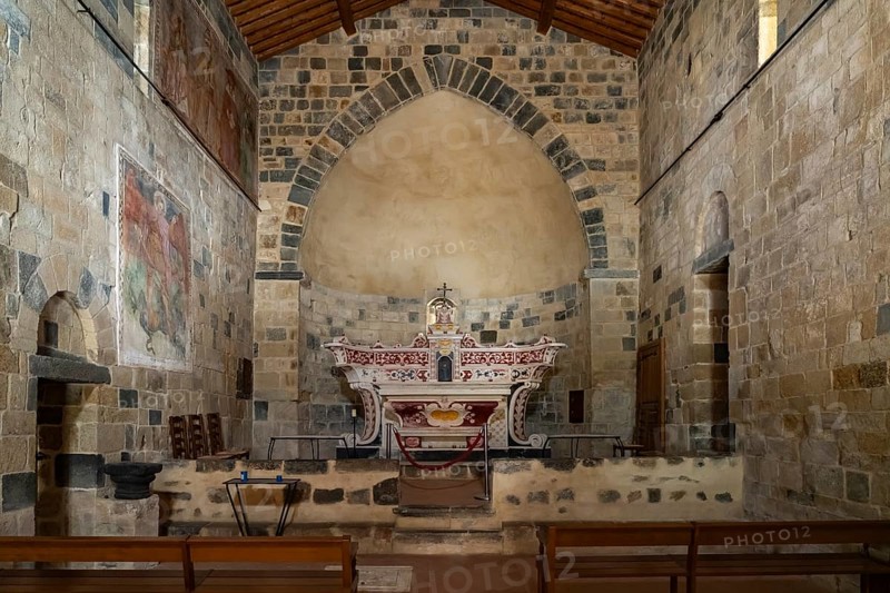 Altar of the Romanesque church Église de la Sainte-Trinité et de Saint Jean-Baptiste in Aregno, Balagne, Corsica, France