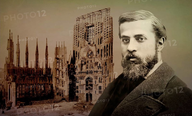 Portrait of Antoni Gaudí i Cornet, 1852 – 1926, Catalan architect and designer from Spain, the greatest exponent of Catalan Modernisme, Construction site of the Basílica i Temple Expiatori de la Sagrada Família, known as Sagrada Família, 1908, Barcelona, Catalonia, Spain, digitally edited