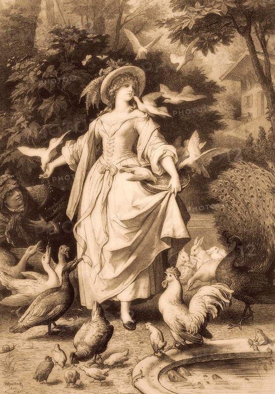 Lili feeding pigeons, Lili's Park, poem by Johann Wolfgang von Goethe, after Wilhelm von Kaulbach