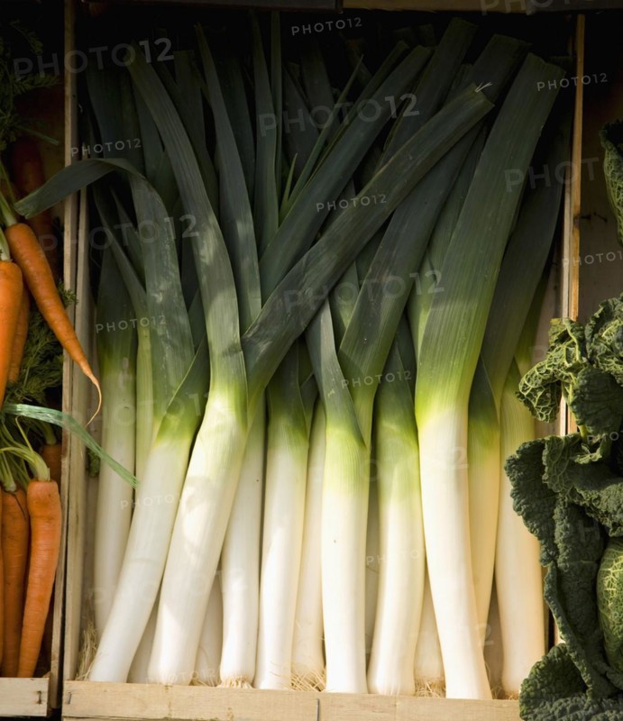 Fresh leeks in wooden crate box