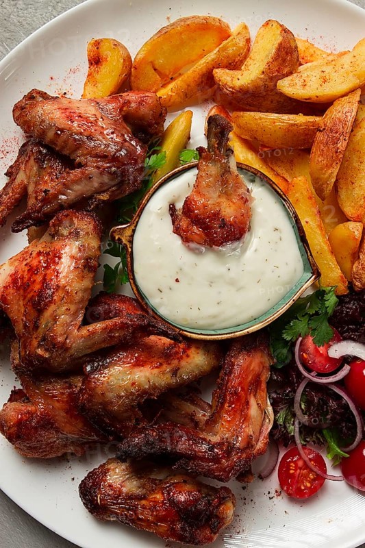 Fried chicken wings, with potatoes, and spices, homemade, fast food, no people