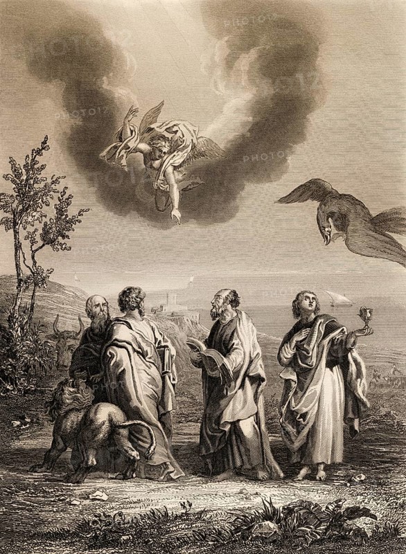 Evangelist portraits with their symbols, 1853, Steel engraving digitally restored