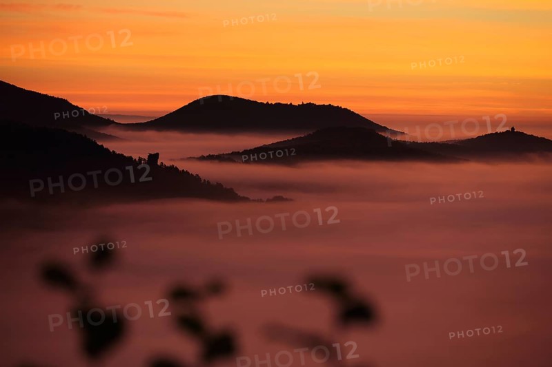 Orange landscape with mountains and clouds of fog in front of sunrise, nature photography, blue hour, night view, twilight, fog landscape, Wegelnburg, Dahner Felsenland, Rhineland-Palatinate, Germany