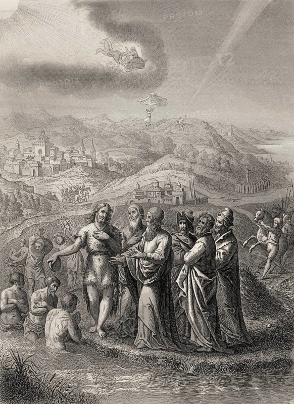 The Jews sent priests and Levites from Jerusalem to ask John the Baptist, Steel engraving 1853, digitally restored