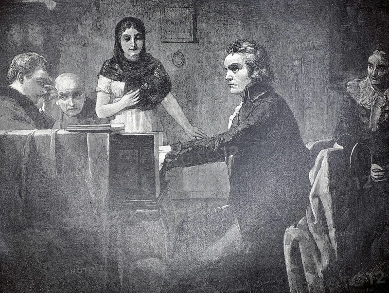 The creation of the Moonlight Sonata, Piano Sonata No. 14 op. 27 No. 2 in C-sharp minor by Ludwig van Beethoven, completed in 1801, illustration, reproduction from a model from the 19th century. Authentic, file restored for optimal use, exact date of original unknown, historical, scene with several people around a piano in a serious atmosphere