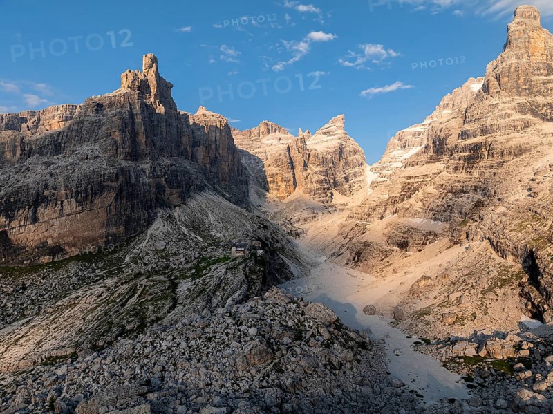 Evening at Refugio Francis Fox Tuckett, alpine panorama, aerial view, impressive mountain peaks of the Brenta Mountains, Brenta, Brenta-Adamello Natural Park, Trentino, Italy