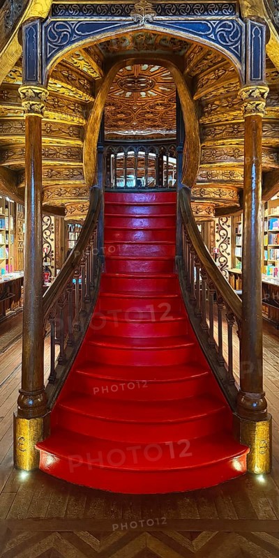Livraria Lello, the Lello bookstore is one of the most beautiful bookstores in the world, interior view of the wooden staircase, Porto, Portugal