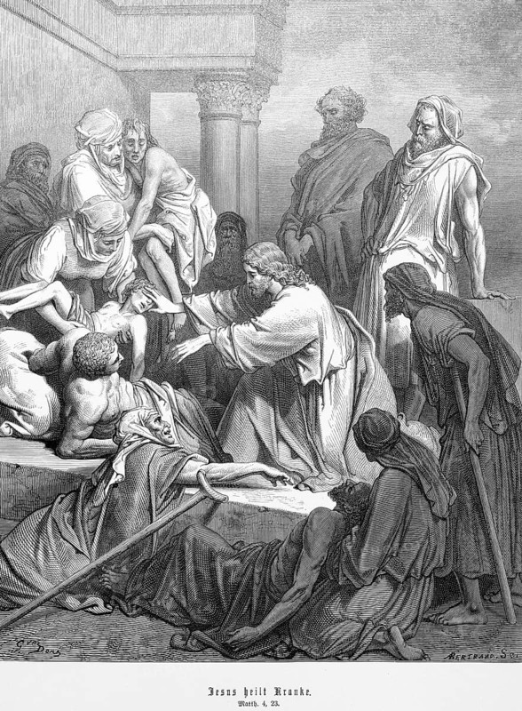 Jesus heals the sick, he heals all diseases and ailments in the people, Matthew. chapter 4, verse 23, suffering, helping, alleviating pain, healing, blind, crutches, crippling, standing up, Christian religion, Bible, New Testament, steel engraving Doré, historical illustration 1885