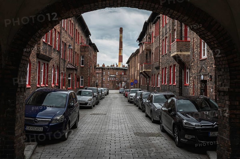 KATOWICE, POLAND - JUNE 7, 2025: Nikiszowiec historic mining settlement with brick buildings