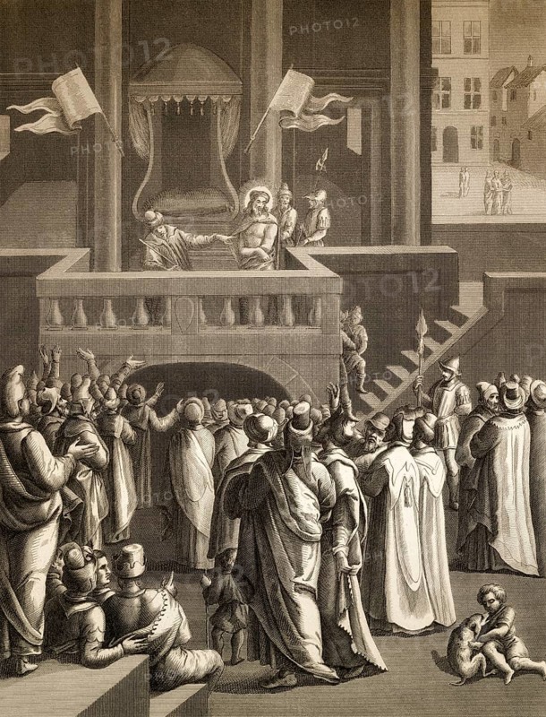 Pilate presenting a scourged Jesus to the people of Jerusalem, New Testament, steel engraving 1853, digitally restored