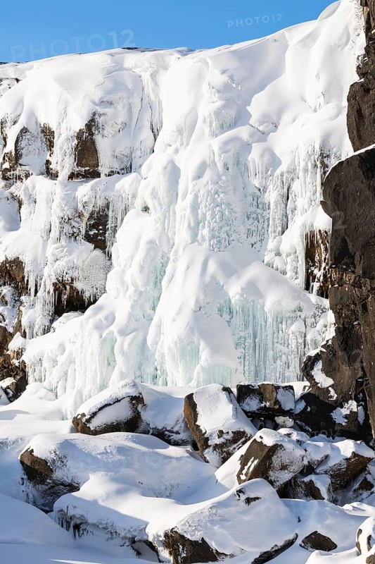 Öxarárfoss, frozen waterfall, lava rock, rock, snow, frost, winter, Golden Circle, Iceland, Scandinavia