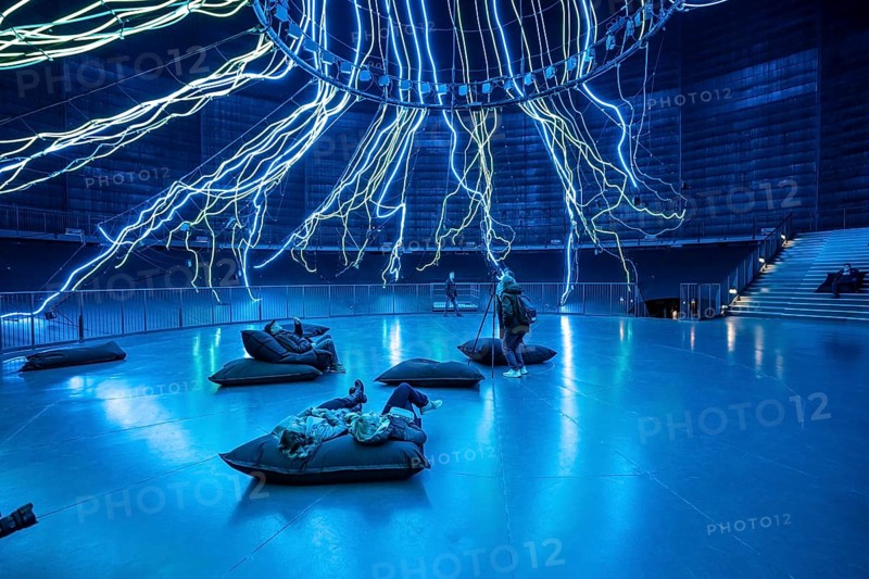 New exhibition at Gasometer Oberhausen, art sculpture The Tree, 40 meter high light installation, shows different stages of a tree with light and music, exhibition Myth Forest, on 3 levels and with several thematic chapters, the exhibition shows the diversity of the world's forests with pictures, videos and exhibits, North Rhine-Westphalia, Germany
